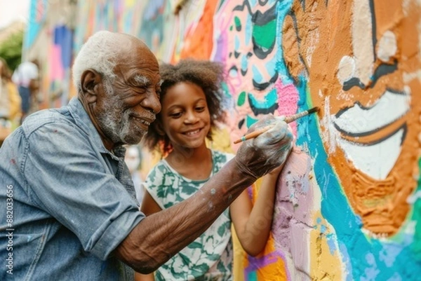 Fototapeta A smiling grandfather and granddaughter joyfully paint a colorful mural on a wall.