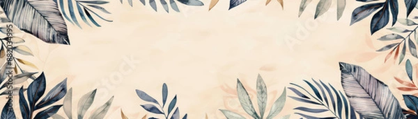 Fototapeta Elegant floral frame with various leaves on a soft pastel background. Perfect for wedding invitations, greeting cards, and decorative projects.