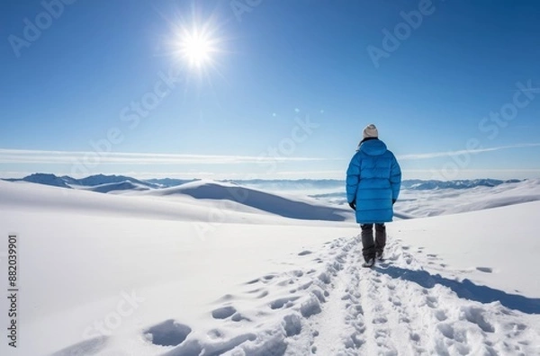 Fototapeta Person in blue winter jacket walking across snowy mountain landscape on sunny day
