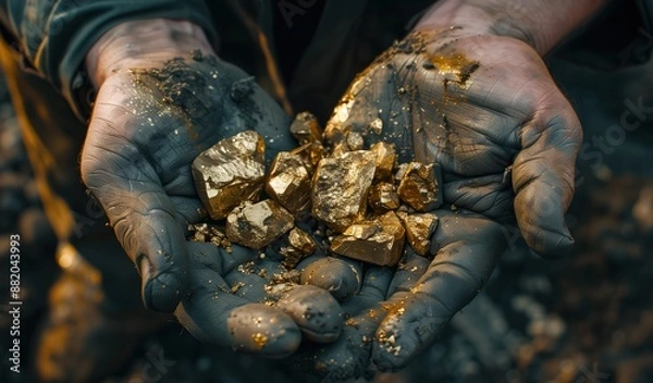 Fototapeta A bunch of gold ore on a man's palm. Men use handles of pure gold minerals found in gold mines. 