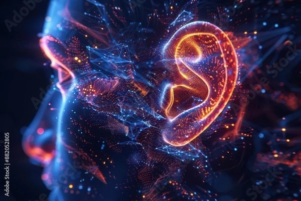 Fototapeta Ear anatomy with glowing neon structures and digital auditory pathways, futuristic technology concept, detailed anatomical illustration