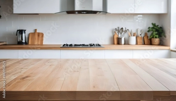 Fototapeta Empty White Wooden table top with blurred background of minimalist kitchen bench. Generative ai