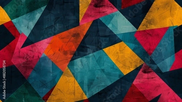 Fototapeta Colorful abstract geometric background with overlapping triangles and textured patterns in vibrant shades of red, blue, yellow, and teal.