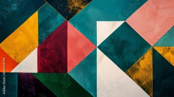 Fototapeta Colorful geometric abstract art with vibrant shapes and patterns in yellow, green, pink, and blue hues, creating a modern design.