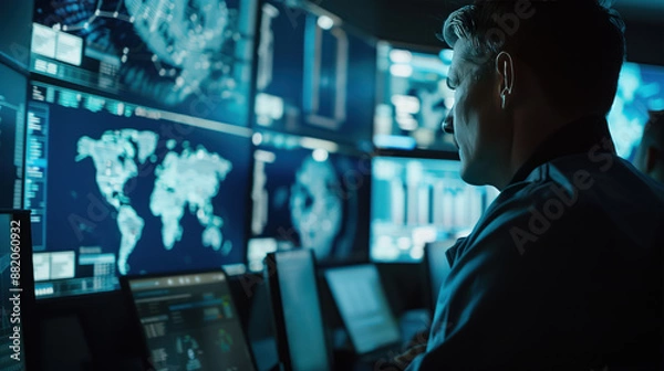 Fototapeta Cyber Security Specialist Monitoring Global Network Threat Data