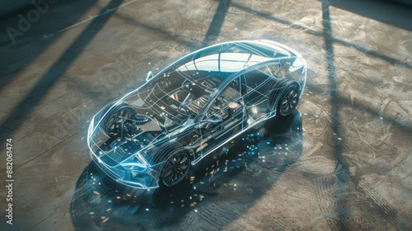 Fototapeta A digital composite showcasing the transparent internal structure of a car, highlighted with blue lines