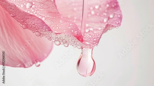 Obraz close-up, beauty background with pink petals strewn with drops on a white background, background for the presentation of a perfume or cosmetic moisturizing product
