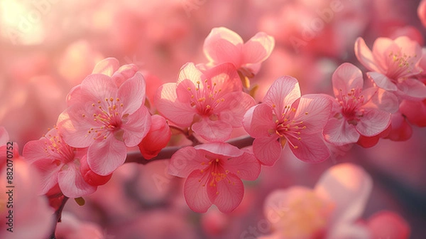 Fototapeta Spring flowers background in peach fuzz color. Blooming apple tree. Soft focus, springtime blossom freshness.