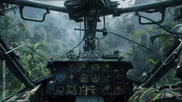 Fototapeta A close-up of an Attack Helicopters AH-64 Apaches cockpit amidst a jungle operation The pilots face is tense with concentration