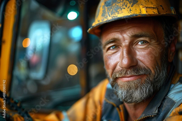 Fototapeta The man with the karcher, smiling worker, the male loader, Russian, summer, interplay of lights and shadows, background is factory premises