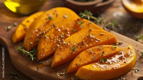 Fototapeta Fresh pumpkin slices seasoned with thyme, arranged on a wooden cutting board