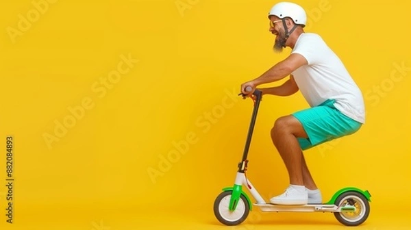 Fototapeta A man is riding a scooter on a yellow background. He is wearing a helmet and a white shirt