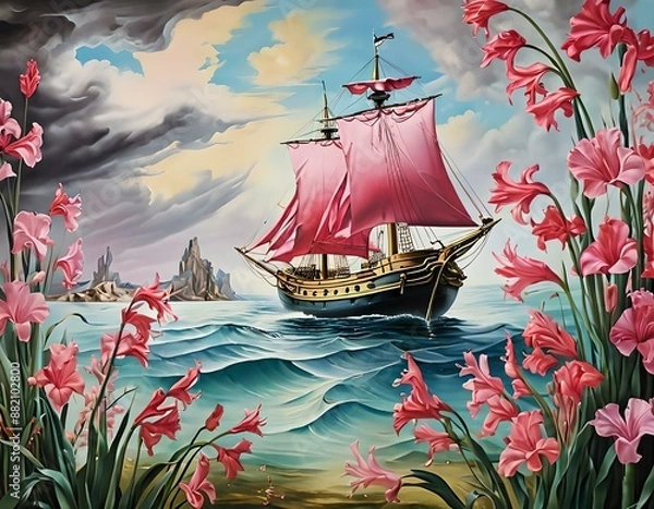 Fototapeta a dreamlike scene of a sailboat and flowers