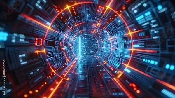 Fototapeta 3D Futuristic circuit background. Motion graphic for abstract data center, server, internet, speed. Futuristic HUD tunnel. Display screens for tech titles and background, tech headline. 3D rende