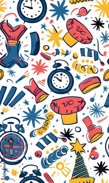 Fototapeta 2D illustrated New Year card in a cute graphic style seamless pattern.