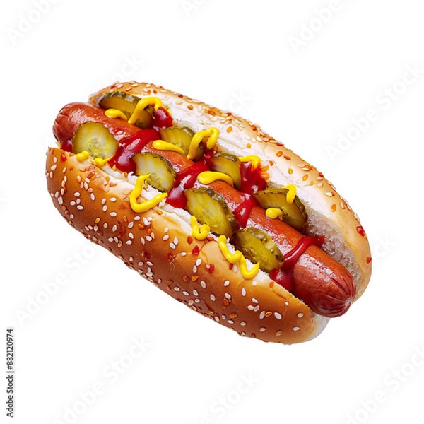 Fototapeta Hot dog with ketchup, mustard and pickles isolated on transparent background, png.