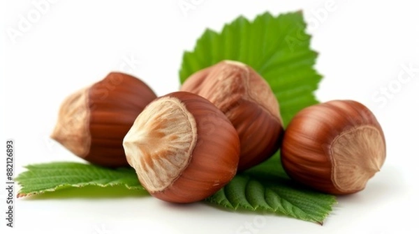 Obraz Few hazelnuts still in their shells, accompanied by green hazelnut leaves, set against a white background