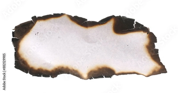 Fototapeta Burned and charred paper scrap, parchment isolated on white background, clipping path