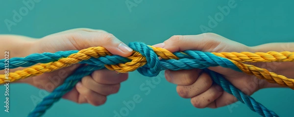 Fototapeta Close-up of hands pulling two colored ropes symbolizing conflict and decided knot in one color Conflict Resolution Concept