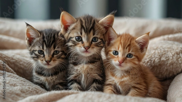 Fototapeta A heartwarming image of three kittens cuddling together on a soft blanket 
