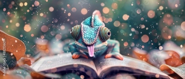 Fototapeta Whimsical chameleon sitting on an open book with dreamy, colorful bokeh background. Perfect for fantasy or educational themes.