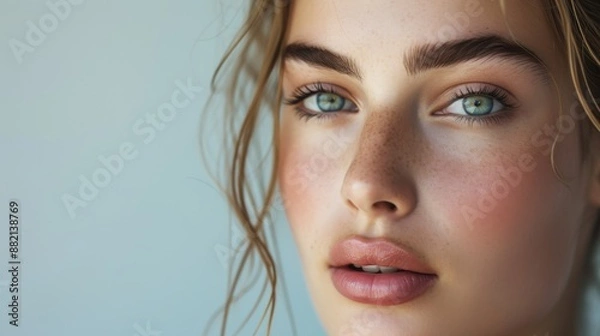 Fototapeta Woman with natural beauty, showcasing her fresh and radiant look with minimal make-up, set against a soft background