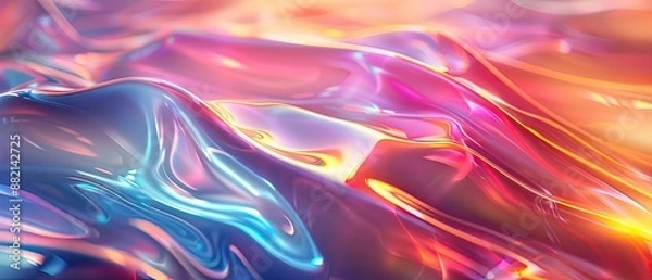 Fototapeta Iridescent chrome wavy gradient cloth fabric abstract background with ultraviolet holographic foil texture and liquid surface.Generative AI