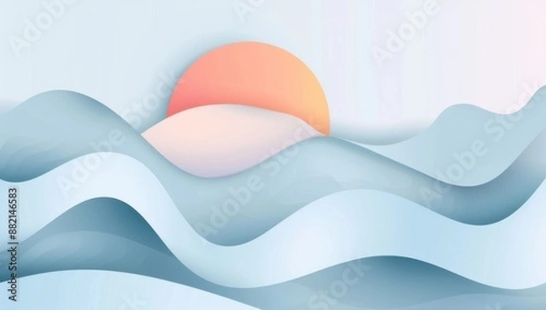 Fototapeta Minimalist abstract artwork of a sunrise over a wavy landscape in soft pastel hues.