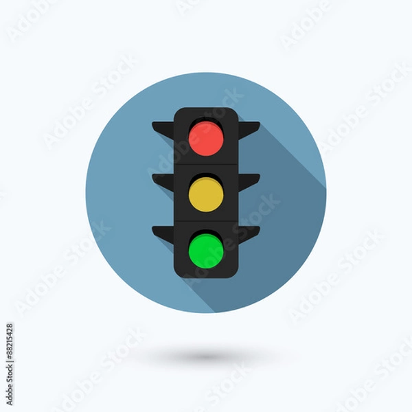 Fototapeta Flat traffic light icon with long shadow effect. Isolated on white background. Vector illustration.