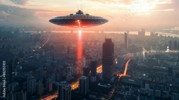 Fototapeta UFO, flight, levitation, fantasy, field, city, attack, beam, laser, aliens, invasion,