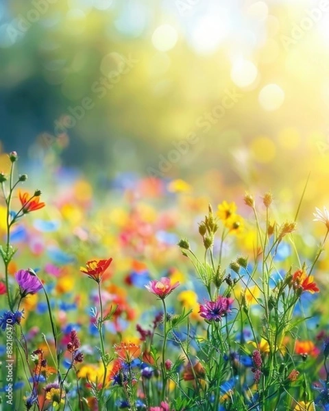 Fototapeta Flower meadow under sunbeams blue sky bokeh lights summer nature background banner colorful wildflowers copy space