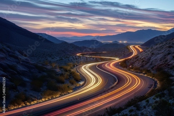 Fototapeta Light trails from tail lights on desert mountain road