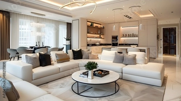 Fototapeta Luxurious interior design living room and white kitchen. Open plan interior