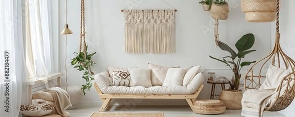 Fototapeta Bohemian living room with an empty macramÃ© frame.