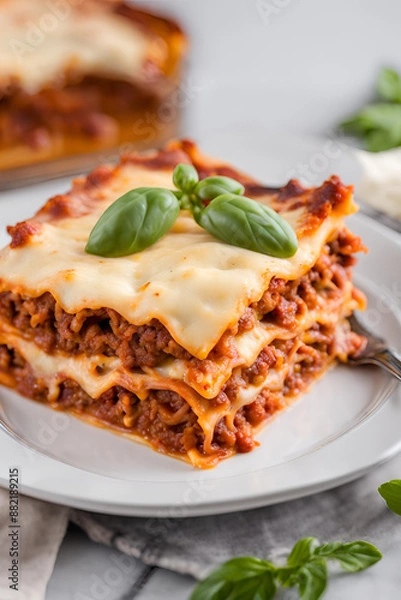 Fototapeta lasagna with tomato sauce and basil