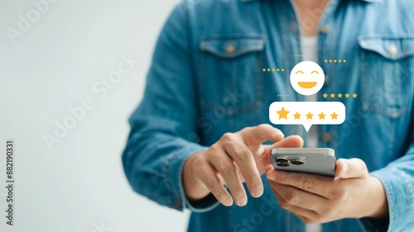 Fototapeta poll Customer satisfaction, customers use smartphones Give a five star satisfaction rating, Providing services and products Excellent level, business reputation score.