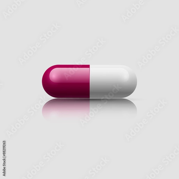 Obraz Medicine capsule pill in two glossy halfs red and white. Vector illustration.