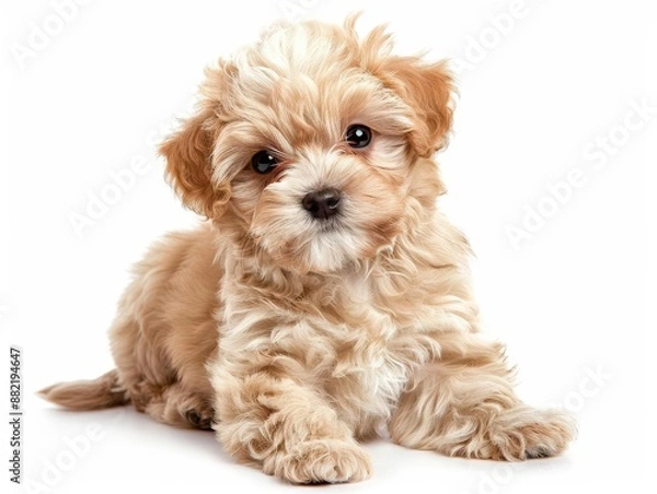 Fototapeta adorable maltipoo puppy with fluffy fur playful pose against clean white background soft lighting enhances cute features and teddy bearlike appearance