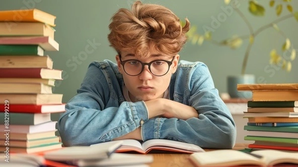 Fototapeta young man sitting at a table with a stack of books