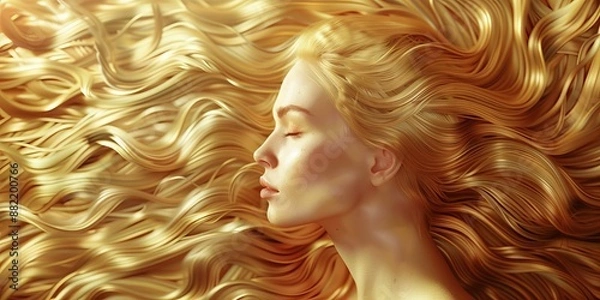 Fototapeta Long groomed shiny female blonde hair flowing in wind, elegant woman with flowing blond hair, banner for hair care advertisement