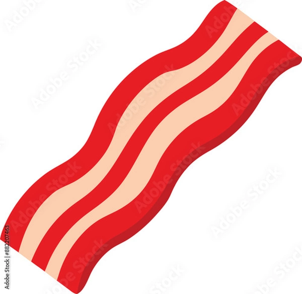 Fototapeta Bacon slice. Strip of cooked crispy pork meat with streaky lard. Cut piece of smoked meaty fat greasy snack. Continental food icon. Colored flat vector illustration isolated on white background