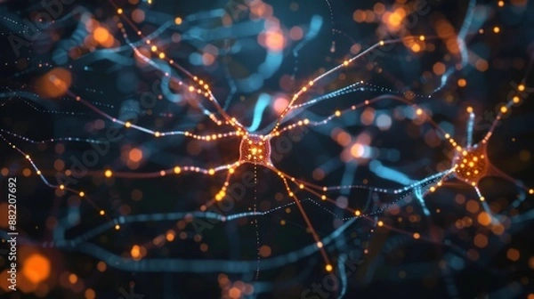 Fototapeta Brains neural network connections visualized with glowing orange and blue lights, showing complex web of communication