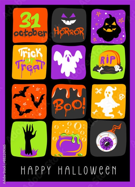 Fototapeta Halloween poster with pumpkins, ghosts, bats and spiders. Hand drawn colorful doodle collage, great for Halloween banners, posters, card and invitation. Vector illustration