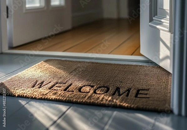 Fototapeta A warm and inviting image showcasing an open white door with a wooden floor and a welcome mat in the foreground, basking in natural sunlight.
