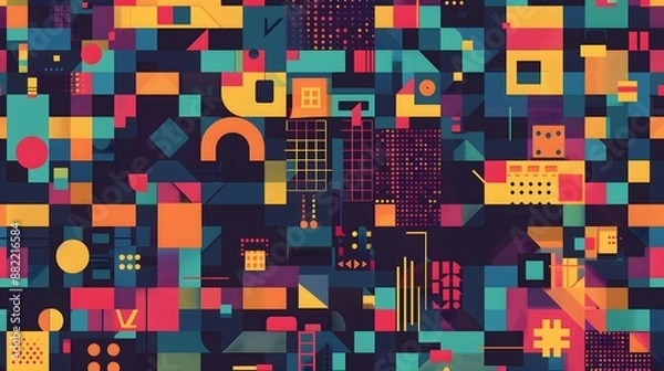 Fototapeta Abstract Pixel Symbols Vector Pattern. Geometric Retro Computer Game Style Texture. Generative Art Tech Vector Illustration. Grid of Pixel Shapes.