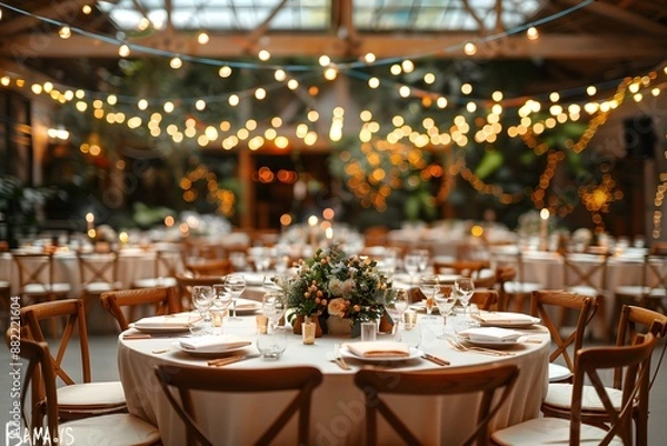 Obraz Elegant wedding reception with string lights, round tables, and floral centerpieces in rustic venue