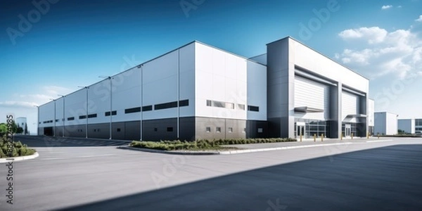 Fototapeta Modern warehouse building exterior, building servicing or car service buildings, Cargo transportation and logistics, with a parking lot on a blue sky background, Car repair or service concept.