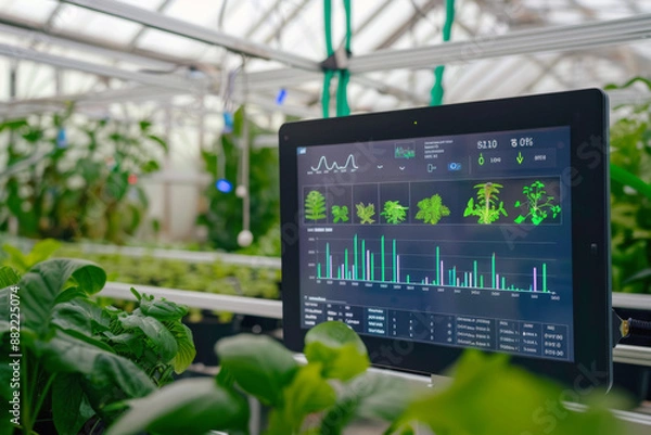 Fototapeta A digital interface showing plant growth data in a greenhouse, representing controlled environment agriculture with precision farming techniques and advanced greenhouse technology