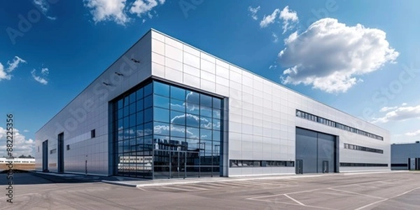 Fototapeta Modern warehouse building exterior, building servicing or car service buildings, Cargo transportation and logistics, with a parking lot on a blue sky background, Car repair or service concept.