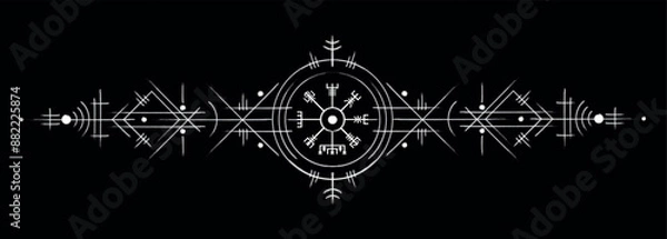 Fototapeta Vegvisir magic navigation compass hand drawn style. Ancient viking sign in art deco. The Asatru used many symbols in accordance to Norse mythology, widely used in Viking society. Esoteric logo icon